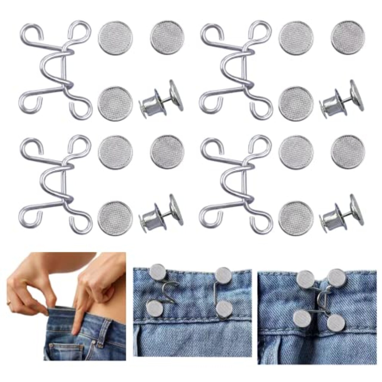 4 Set Pant Waist Tightener, Adjustable Waist Buckle Set, Extra Button for Jeans to Make Tighter, Button Adjuster for Pants, Jeans, Skirts, Sleeves, (Silver)